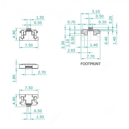 Schema tecnico del connettore ZIF per FFC / FPC – 4 contatti sotto  – passo 0.5 mm