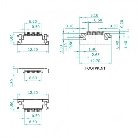 Schema tecnico del connettore ZIF per FFC / FPC – 14 contatti sotto  – passo 0.5 mm