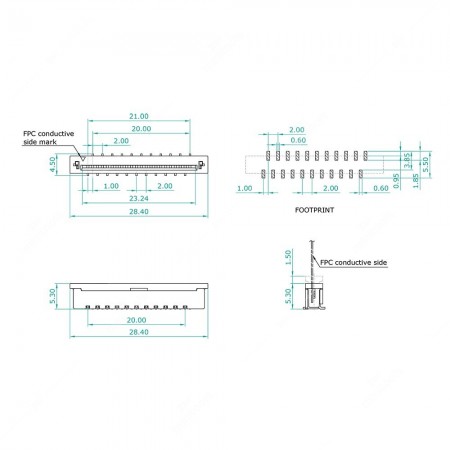 Schema tecnico Connettore ZIF 22 contatti 1mm passo