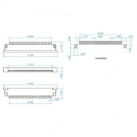 Schema tecnico connettore ZIF per FPC e FFC 30 contatti sotto - passo 1mm