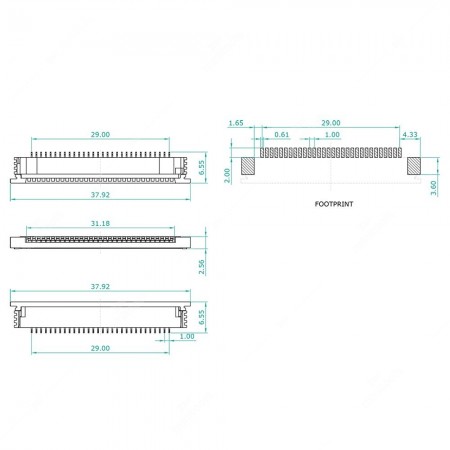 Schema tecnico connettore ZIF per FPC e FFC 30 contatti sopra - passo 1mm