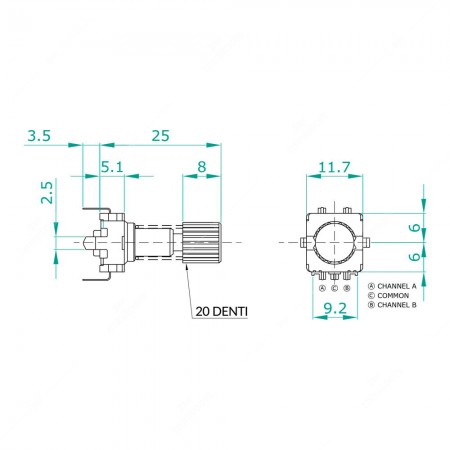 Encoder rotativo incrementale, push lock switch, 15 impulsi al giro, 30 fermi - schema tecnico