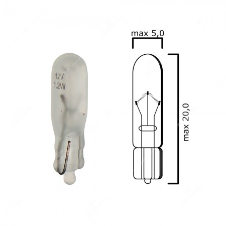 Schema lampadina con attacco in vetro  W2x4,6d 12V 1,2W T5 opaca per quadro strumenti