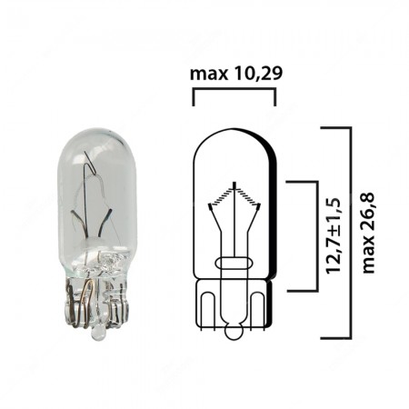 Schema lampadina con attacco in vetro W2,1x9,5d 12V 3W T10 per illuminazione auto