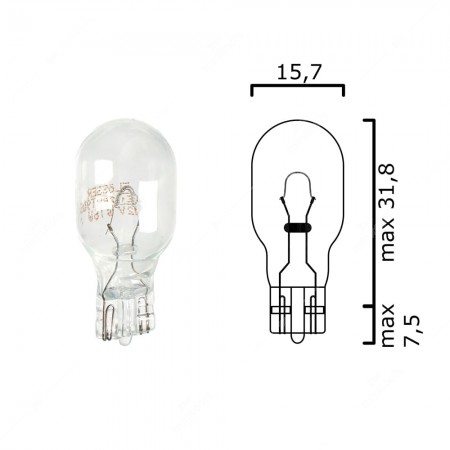 Schema lampadina alogena con attacco in vetro W2,1x9,5d 12V 16W T15 per illuminazione auto