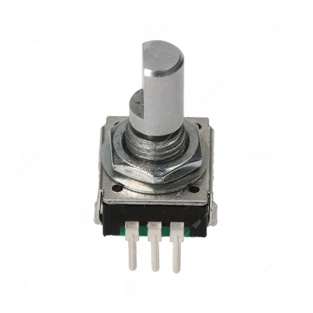 Encoder rotativo meccanico incrementale con tasto a pressione per apparecchiature elettroniche. 12 ppr. Dimensioni: 12,5x13,4x21,5h mm