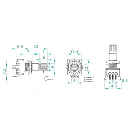 Schema tecnico dell'encoder rotativo meccanico incrementale 24 impulsi al giro senza tasto a pressione, 24 fermi