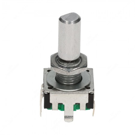Encoder rotativo meccanico incrementale con tasto a pressione per apparecchiature elettroniche. Dimensioni: 12,4x13,4x26,5h mm - 24 impulsi/giro - 24 fermi