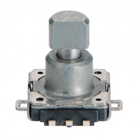 Encoder rotativo meccanico incrementale con tasto a pressione per apparecchiature elettroniche. Dimensioni: 15,7x12x14,5mm - 16 impulsi/giro - 32 fermi