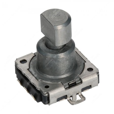 Encoder di ricambio con tasto a pressione per apparecchiature elettroniche. Dimensioni: 15,7x12x14,5mm - 16 ppr - 32 fermi