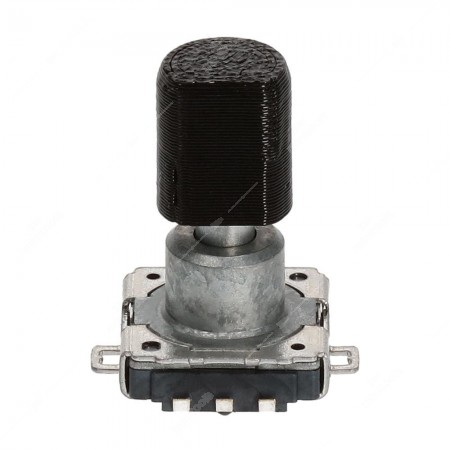 Encoder rotativo meccanico incrementale con tasto a pressione per apparecchiature elettroniche. Dimensioni: 15,7x12x19,5mm - 16 impulsi/giro - 32 fermi