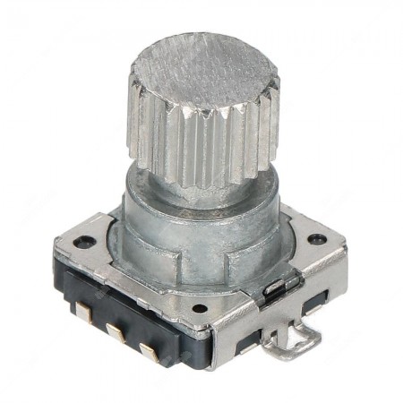 Encoder di ricambio con tasto a pressione per apparecchiature elettroniche. Dimensioni: 15,6x13x15,3h mm - 8 ppr - 16 fermi