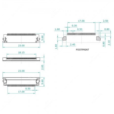 Technical diagram of ZIF connector - FFC / FPC Connector - 35 pins - 0,5mm pitch