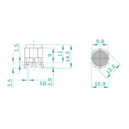 12mm diam. THT Key Switch push button, technical schema