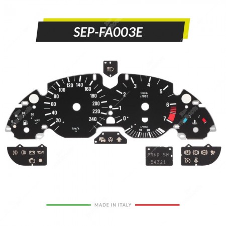 Gauge face overlay for BMW 5 Series E39 gasoline instrument clusters - warning lights on (with active cruise control symbol)