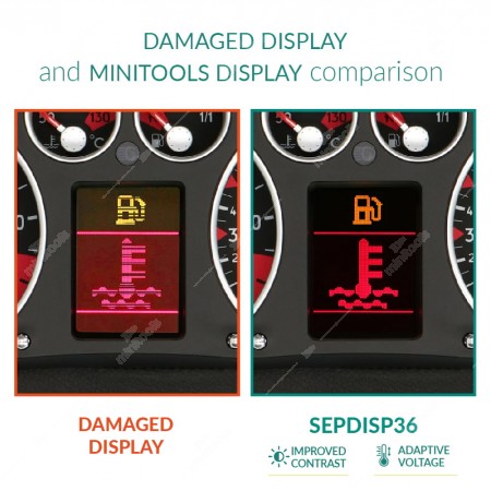 Comparison between Jaeger / Magneti Marelli and VDO dashboards original display and Minitools display
