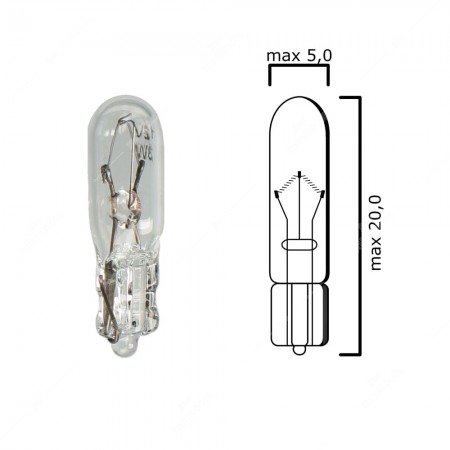 Schema of T5 instrument panel bulb glass wedge base W2x4,6d 12V 3W