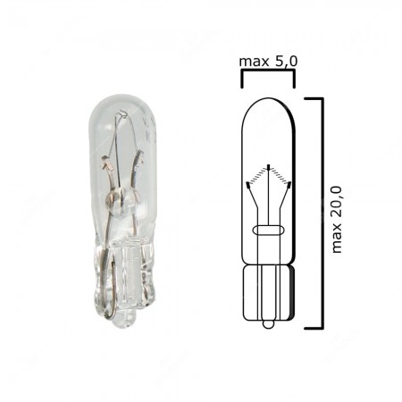 Schema of T5 instrument panel bulb glass wedge base W2x4,6d 12V 2W 