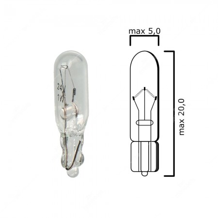 Schema of T5 instrument panel bulb glass wedge base W2x4,6d 24V 1W 