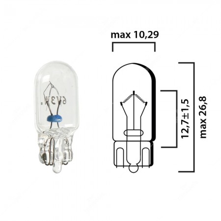 Schema of T10 cars interior bulb glass wedge base W2,1x9,5d 6V 3W 
