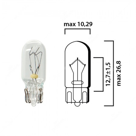 Schema of T10 trucks interior bulb glass wedge base W2,1x9,5d 24V 5W