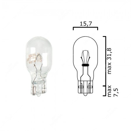 Schema of T15 bulb glass wedge base W2,1x9,5d 13V 6CP for cars