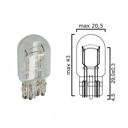 Schema of T20 bulb glass wedge base W3x16q 12V 21/5W for cars