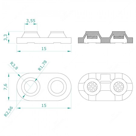 Technical schema of 2 buttons silicone rubber button pad with conductive rubber pills