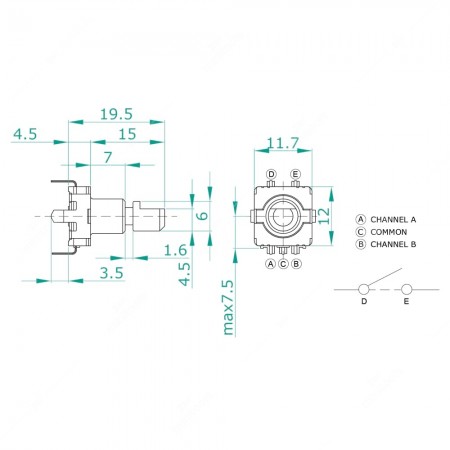Rotary encoder, 15 ppr, with push momentary switch, for Chevrolet, Dacia, Holden, Lada, Opel, Renault and Vauxhall car radios knobs - technical schema
