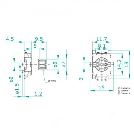 Technical schema of SEI-ENC012 rotary encoder, 15 ppr, 30 detents, without push button, for electronics. Dimensions 15x18x14h mm