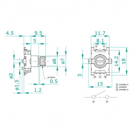 Technical schema of SEI-ENC013 rotary encoder, 15 ppr, 30 detents, with push button, for electronics. Dimensions 15x18x14h mm