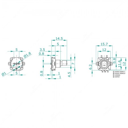 Technical schema of rotary encoder, 16 ppr, 32 detents, flat shaft, with push button, for electronics. Dimensions 15,7x12x14,5mm