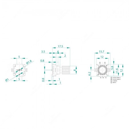 Technical schema of rotary encoder, 16 ppr, 32 detents, flat shaft, with push button, for electronics. Dimensions 15,7x12x17,5h mm
