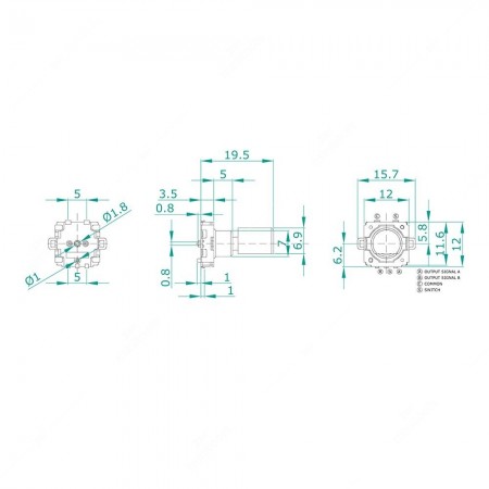 Technical schema of rotary encoder, 16 ppr, 32 detents, flat shaft, with push button, for electronics. Dimensions 15,7x12x19,5mm