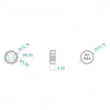 Technical schema of SEP-R84 25 teeth gear for Smith and Jaeger dashboards' gauges