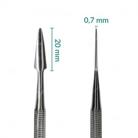 Spudger with triangular tip and with thick, rounded and curved tip