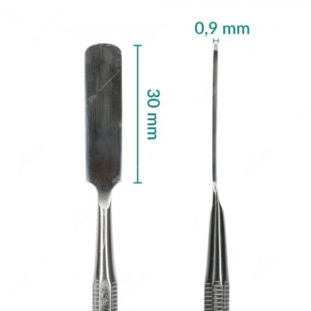 Spudger with long, flat, rounded tip and with scraper tip
