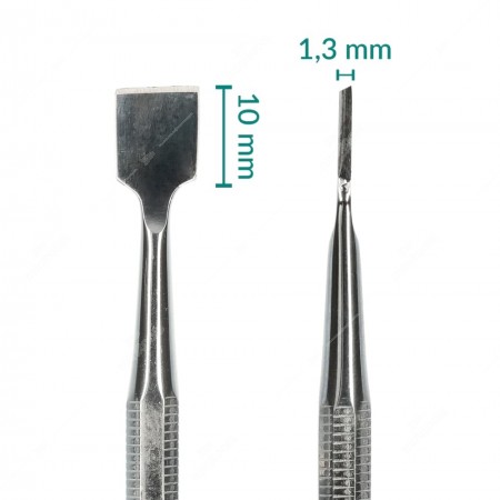 Spudger with long, flat, rounded tip and with scraper tip