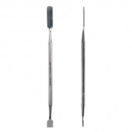 Spudger with long, flat, rounded tip and with scraper tip