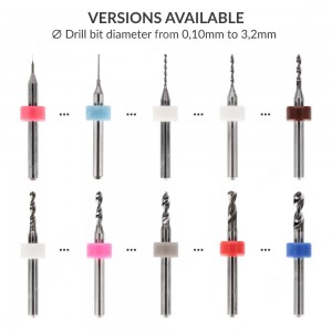 Examples of precision PCB micro drill bits, available in 63 sizes (0.1–3.2 mm)