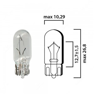 Bulb glass wedge base W2,1x9,5d 12V 3W T10 - Pack of 5 pcs
