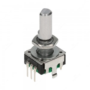 Encoder di ricambio con tasto a pressione per apparecchiature elettroniche. Dimensioni: 12,4x13,4x26,5h mm - 24 ppr - 24 fermi