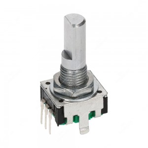 Encoder di ricambio senza tasto a pressione per apparecchiature elettroniche. Dimensioni: 12,4x13,4x26,5h mm - 24 ppr - 24 fermi - albero piatto 20 mm